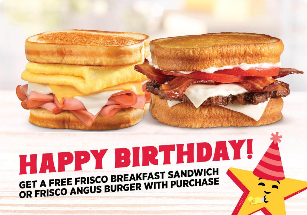graphic showing Hardee's My Rewards offers for member's birthdays