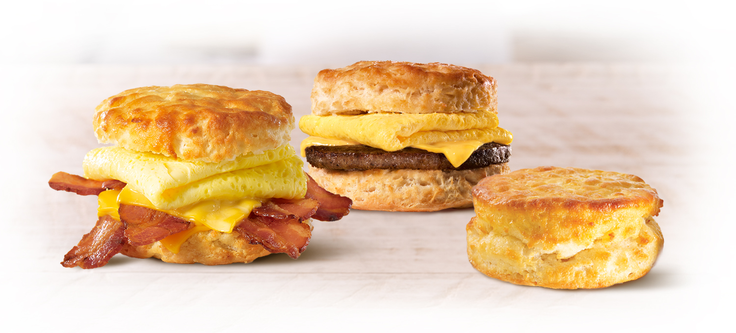 hardee's bacon egg and cheese biscuit, sausage egg and cheese biscuit and made from scratch biscuit