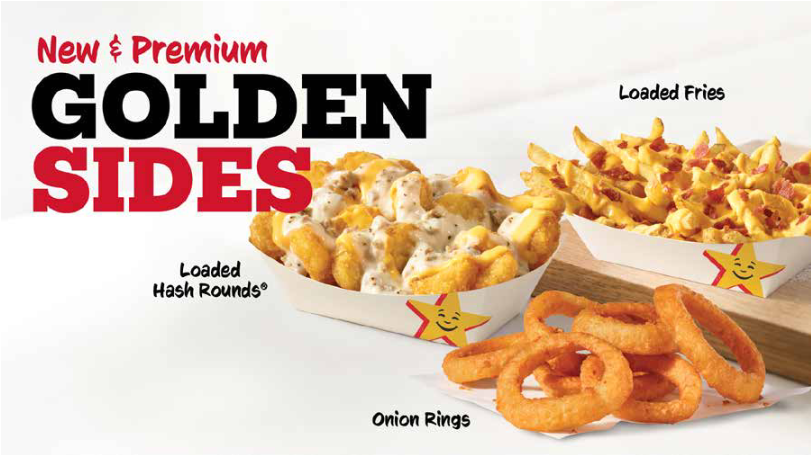 Image of new Hardee's premium sides which included loaded fries, loaded hash rounds, and onion rings.